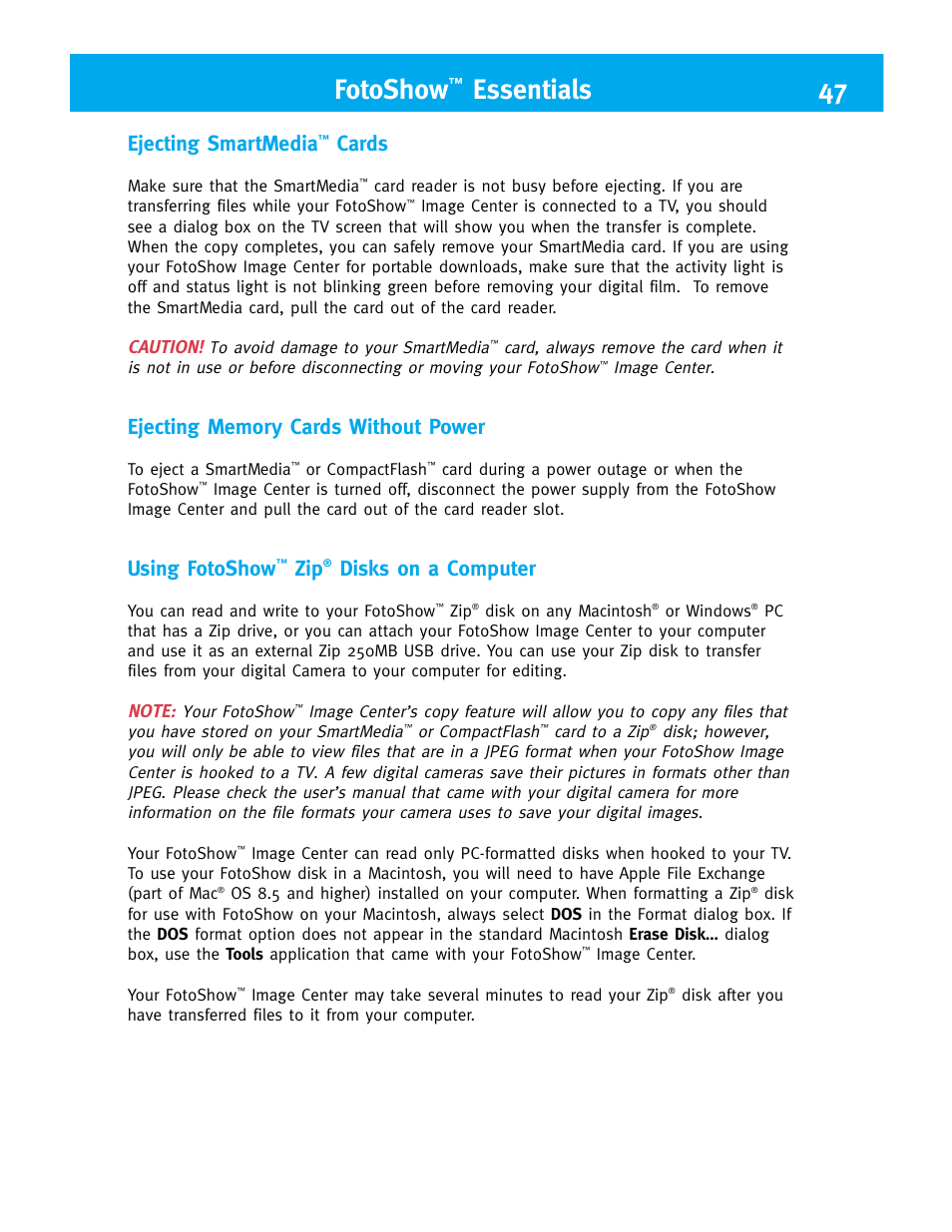 Fotoshow, Essentials 47, Ejecting smartmedia | Cards, Using fotoshow, Disks on a computer, Caution | Iomega FotoShow Digital Image Center User Manual | Page 47 / 68