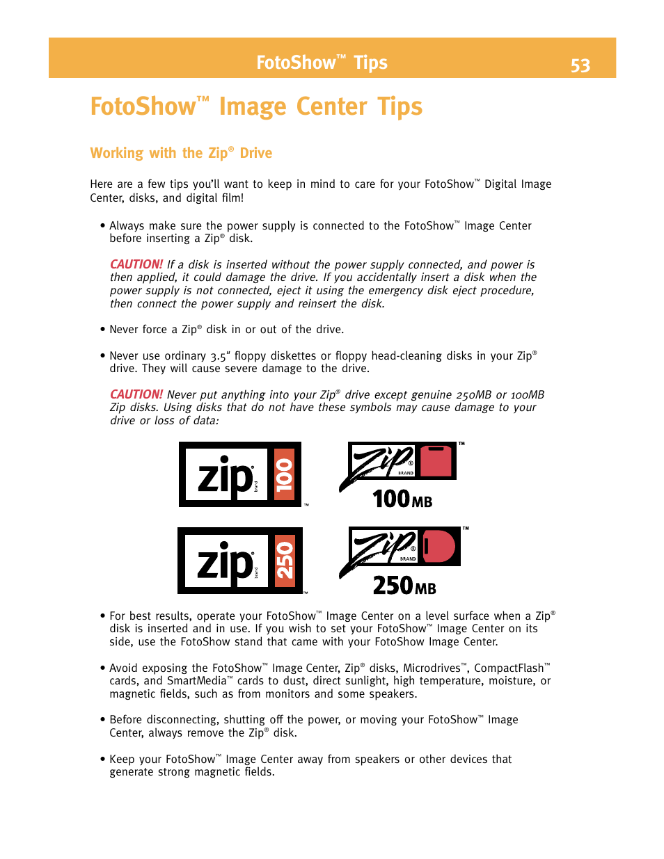 Image center tips, Fotoshow, Tips 53 | Working with the zip, Drive | Iomega FotoShow Digital Image Center User Manual | Page 53 / 68