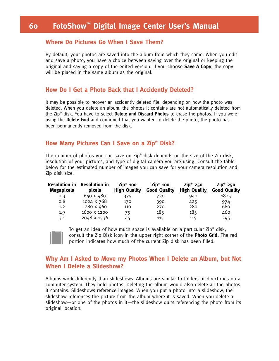 60 fotoshow, Digital image center user’s manual, Where do pictures go when i save them | How many pictures can i save on a zip, Disk | Iomega FotoShow Digital Image Center User Manual | Page 60 / 68