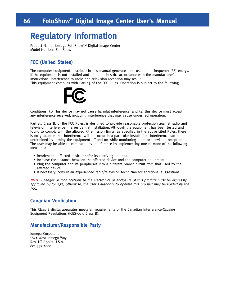 Regulatory information, 66 fotoshow, Digital image center user’s manual | For home or office use | Iomega FotoShow Digital Image Center User Manual | Page 66 / 68