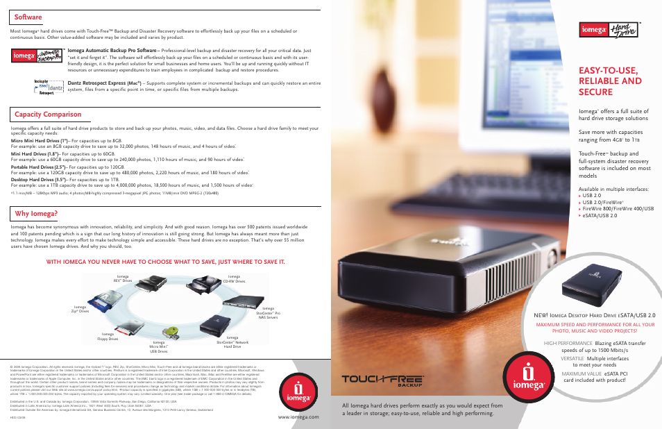 Easy-to-use, reliable and secure, Software capacity comparison why iomega, Iomega | Touch-free, Sata/usb 2.0 | Iomega FireWire 800 User Manual | Page 4 / 4