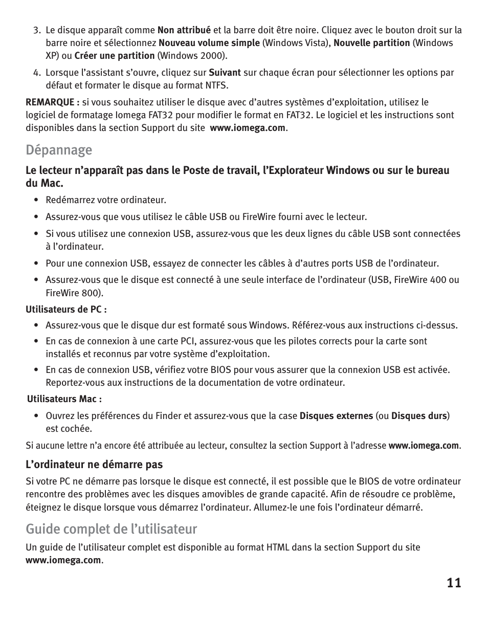 Dépannage, Guide complet de l’utilisateur | Iomega eGo Portable User Manual | Page 11 / 40