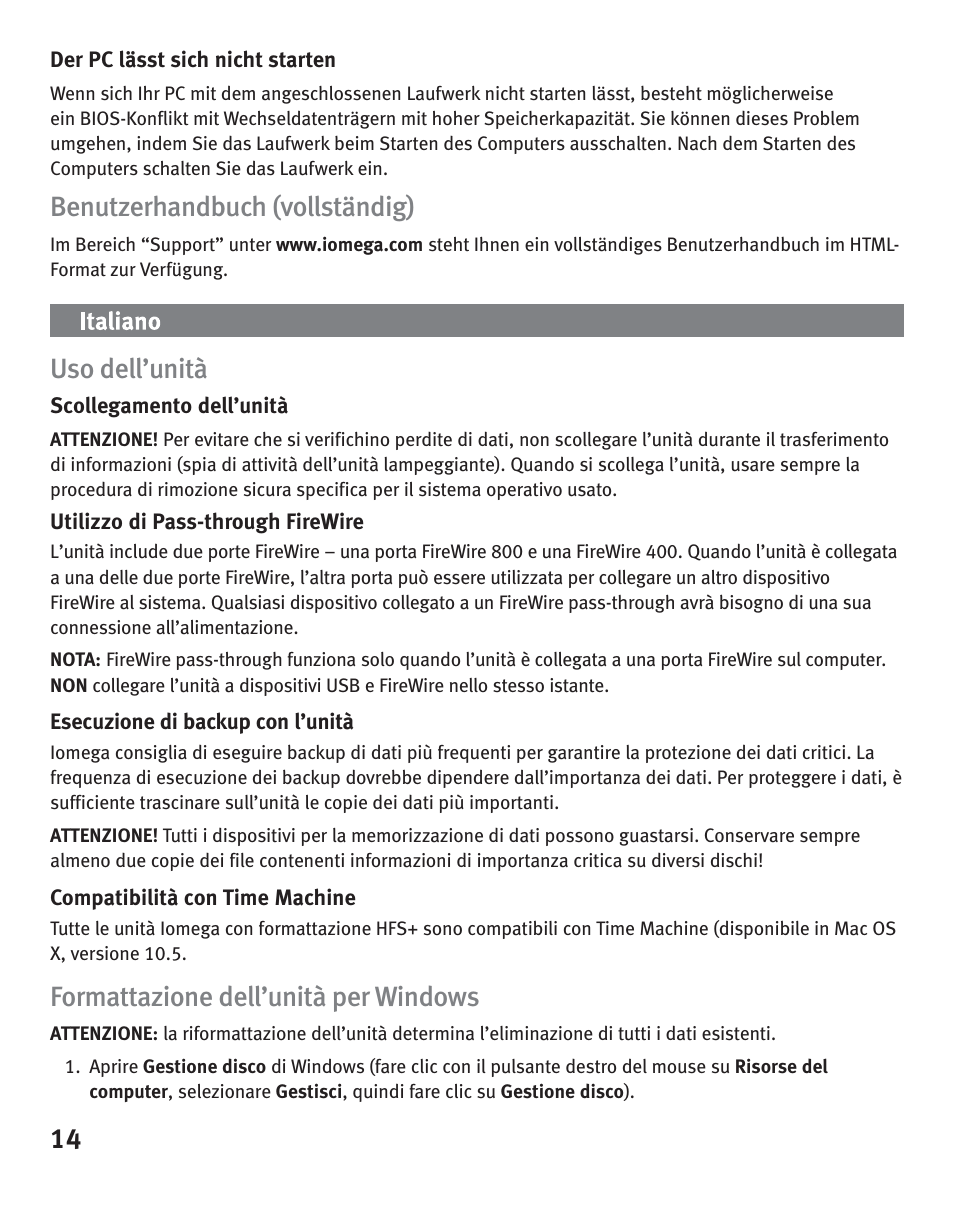 Benutzerhandbuch (vollständig), Uso dell’unità, Formattazione dell’unità per windows | Iomega eGo Portable User Manual | Page 14 / 40