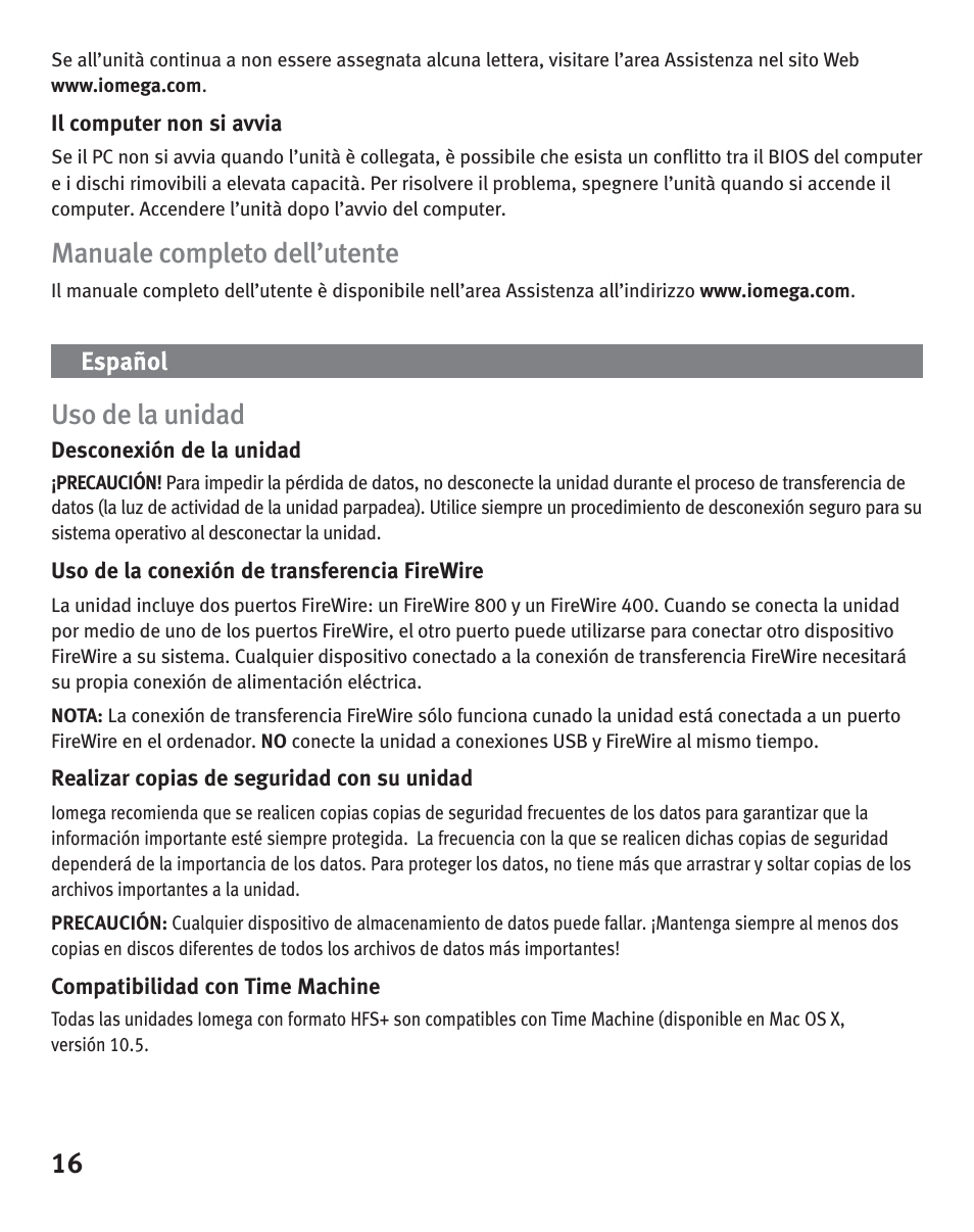 Manuale completo dell’utente, Uso de la unidad | Iomega eGo Portable User Manual | Page 16 / 40