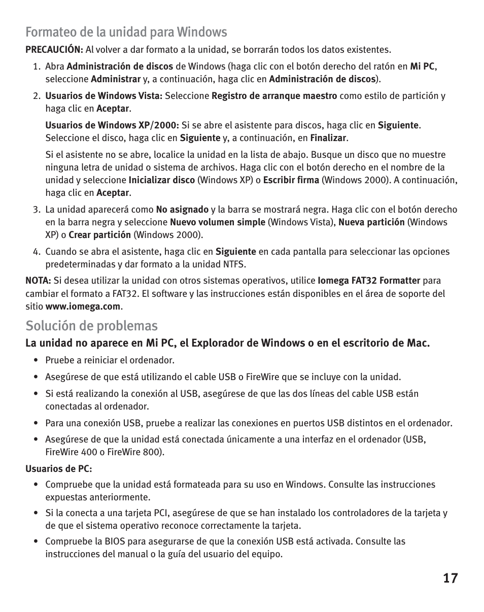 17 formateo de la unidad para windows, Solución de problemas | Iomega eGo Portable User Manual | Page 17 / 40