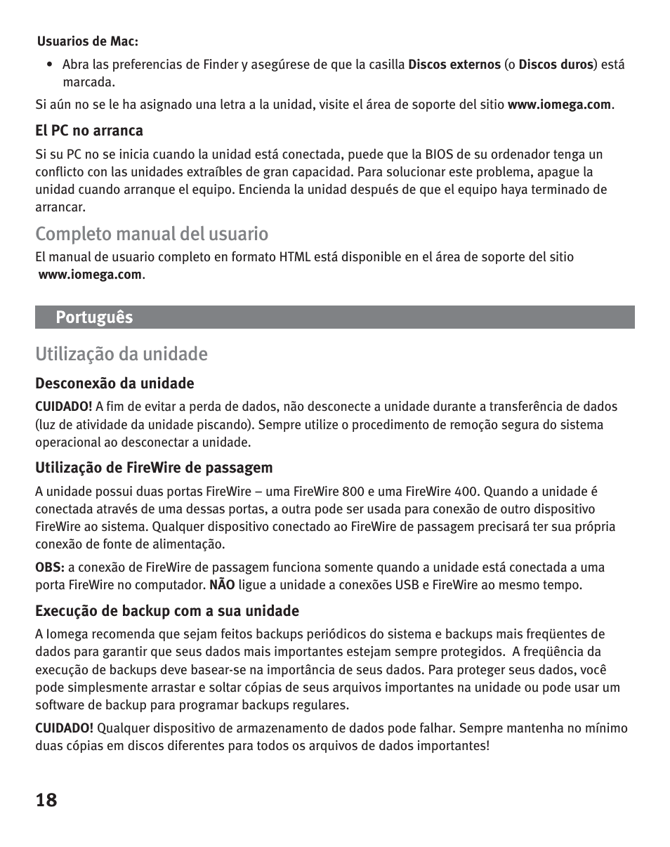 Completo manual del usuario, Utilização da unidade | Iomega eGo Portable User Manual | Page 18 / 40