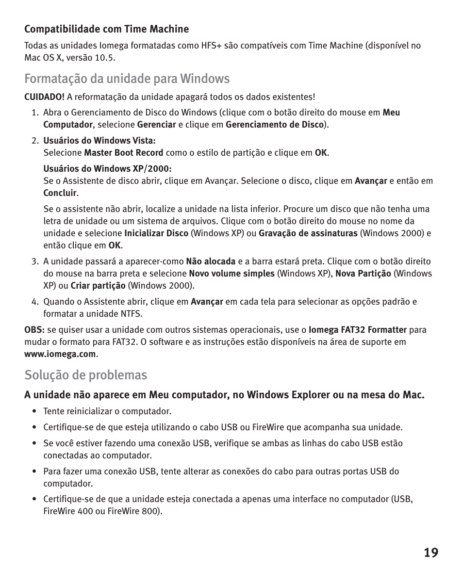 Formatação da unidade para windows, Solução de problemas | Iomega eGo Portable User Manual | Page 19 / 40