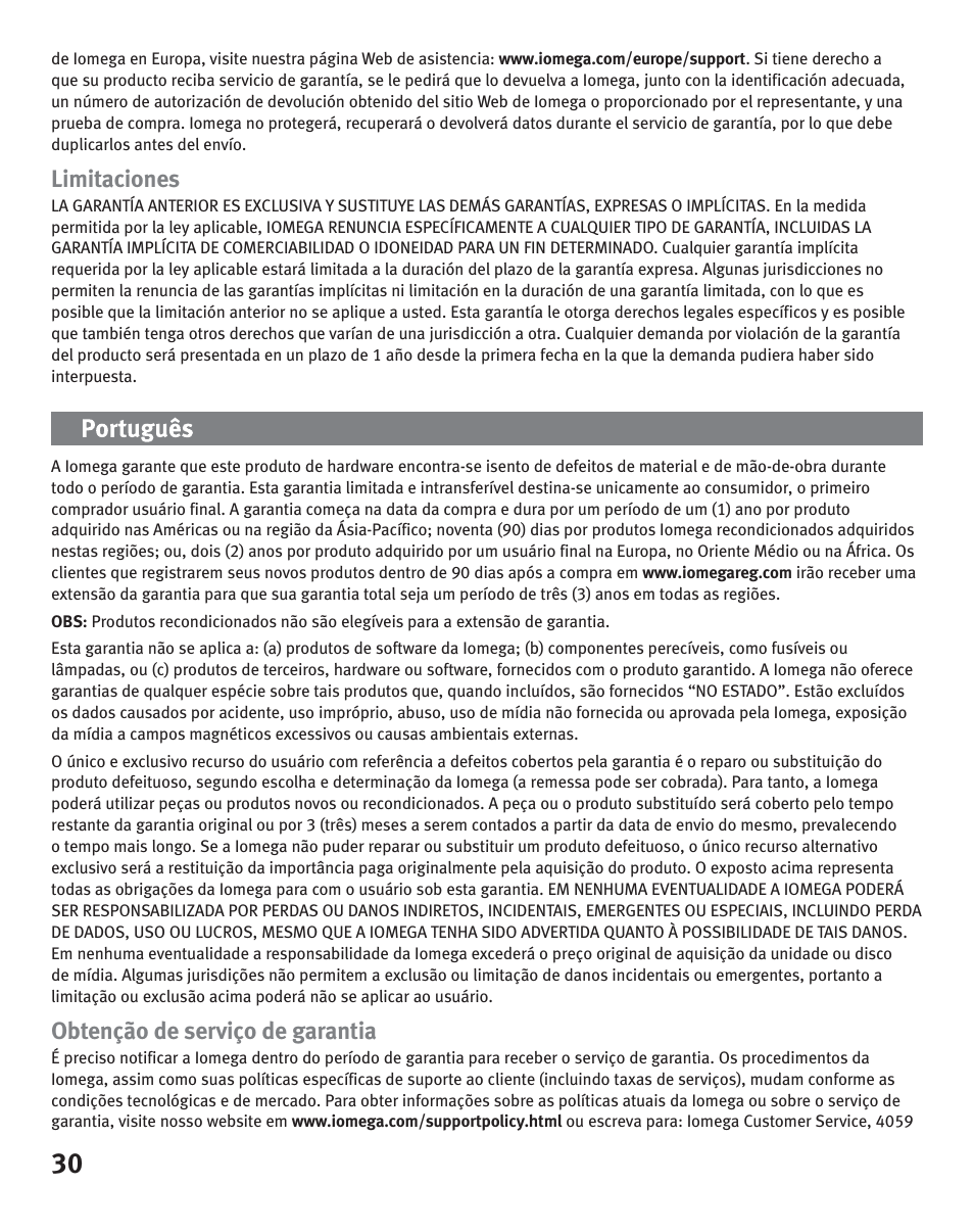 Limitaciones, Obtenção de serviço de garantia | Iomega eGo Portable User Manual | Page 30 / 40