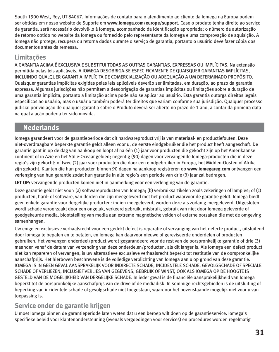 Limitações, Service onder de garantie krijgen | Iomega eGo Portable User Manual | Page 31 / 40