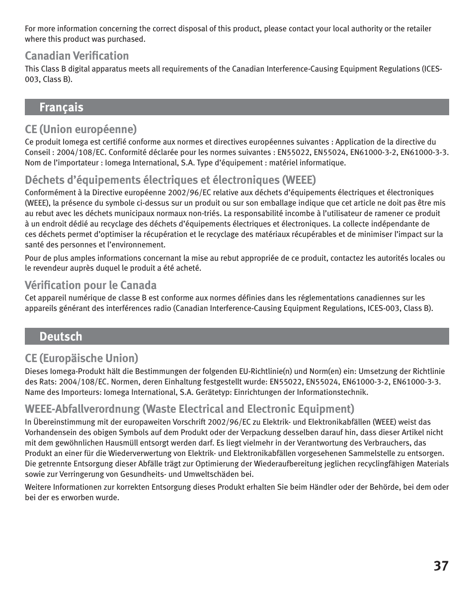 Canadian verifi cation, Ce (union européenne), Vérifi cation pour le canada | Ce (europäische union) | Iomega eGo Portable User Manual | Page 37 / 40