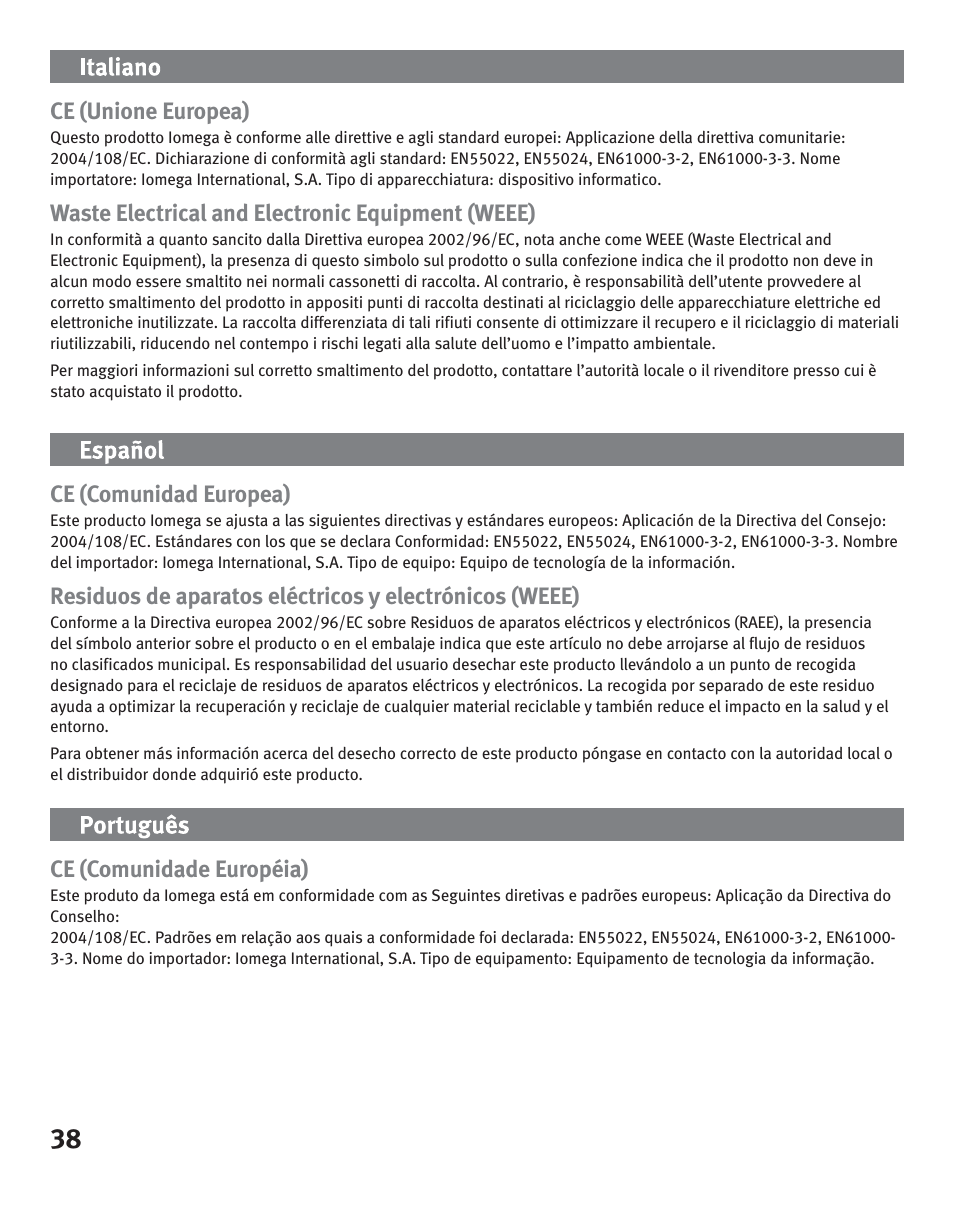 Ce (unione europea), Waste electrical and electronic equipment (weee), Ce (comunidad europea) | Ce (comunidade européia) | Iomega eGo Portable User Manual | Page 38 / 40