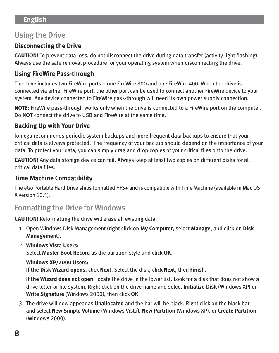 8using the drive, Formatting the drive for windows | Iomega eGo Portable User Manual | Page 8 / 40