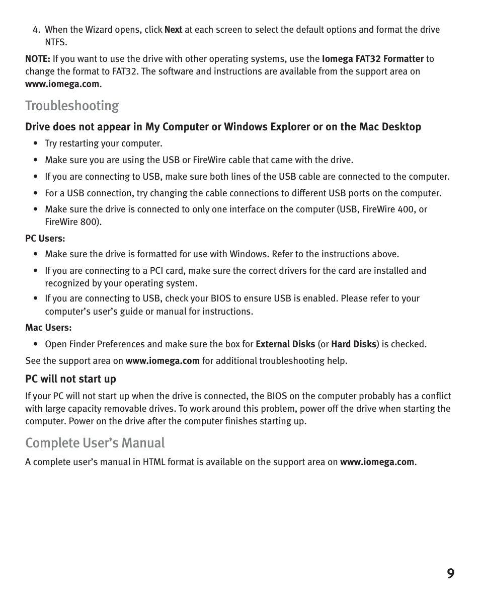 Troubleshooting, Complete user’s manual | Iomega eGo Portable User Manual | Page 9 / 40