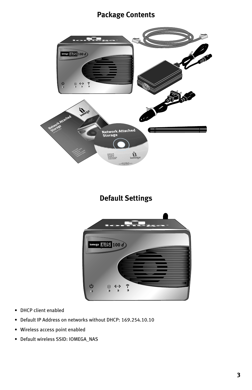 Package contents, Default settings, 100 d | 100 d net wo rk a ttac hed sto rag e | Iomega 100D User Manual | Page 3 / 8