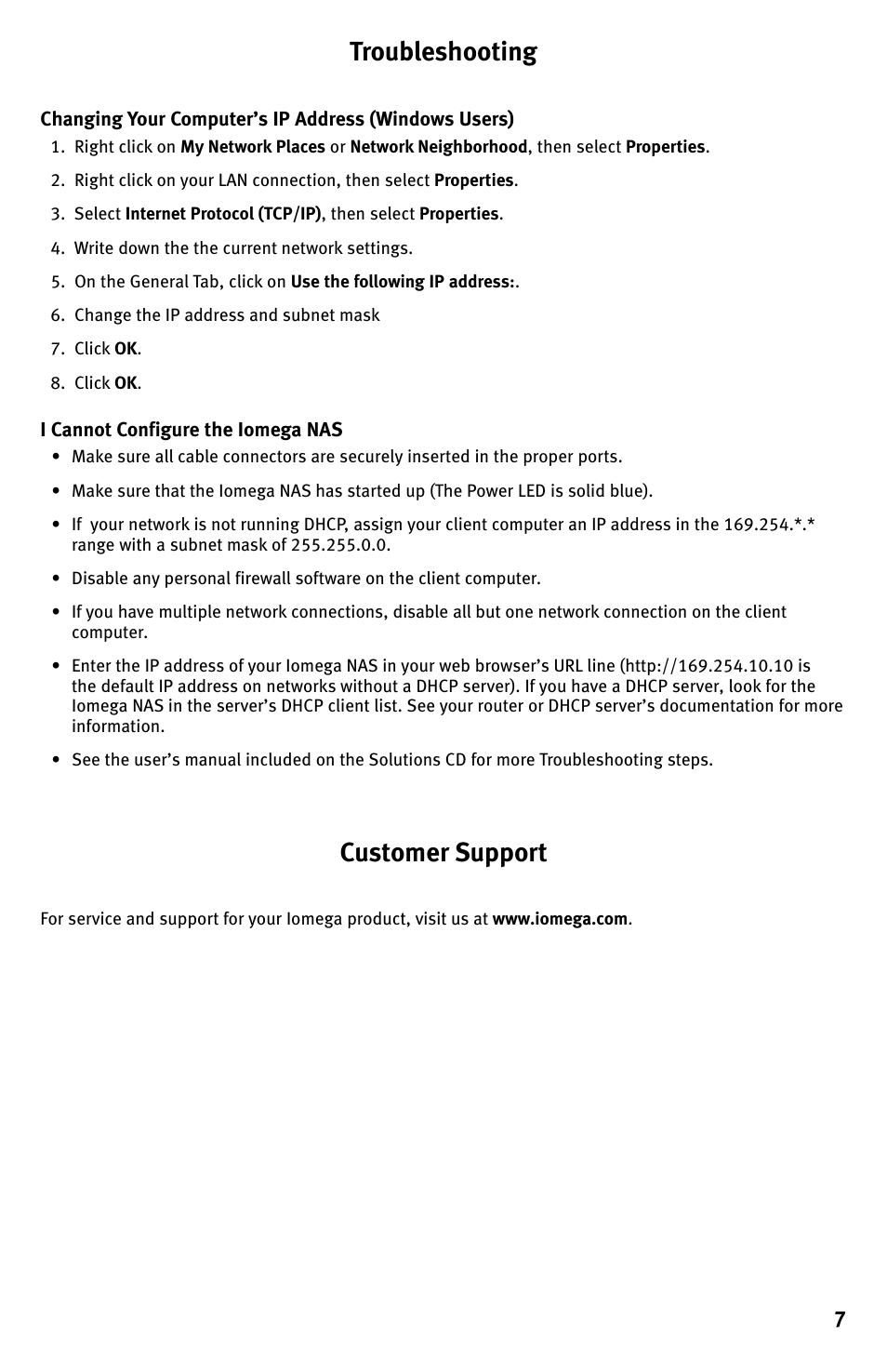 Troubleshooting, Customer support | Iomega 100D User Manual | Page 7 / 8