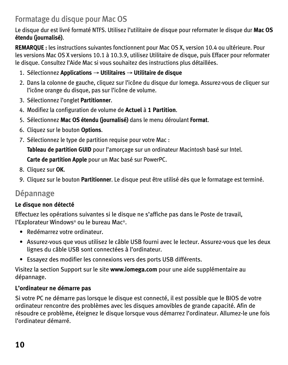 10 formatage du disque pour mac os, Dépannage | Iomega eGo 3 User Manual | Page 10 / 36