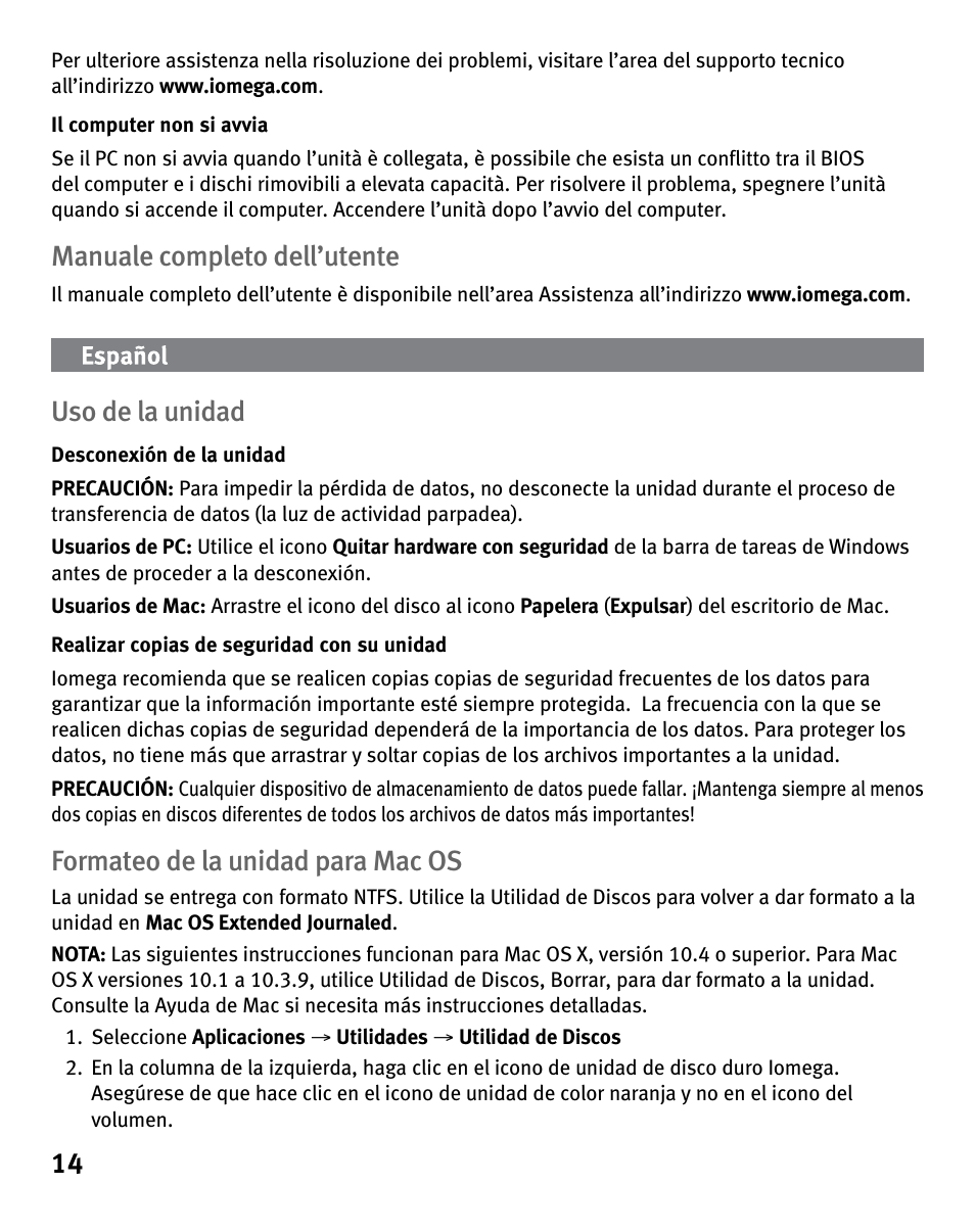 Manuale completo dell’utente, Uso de la unidad, Formateo de la unidad para mac os | Iomega eGo 3 User Manual | Page 14 / 36