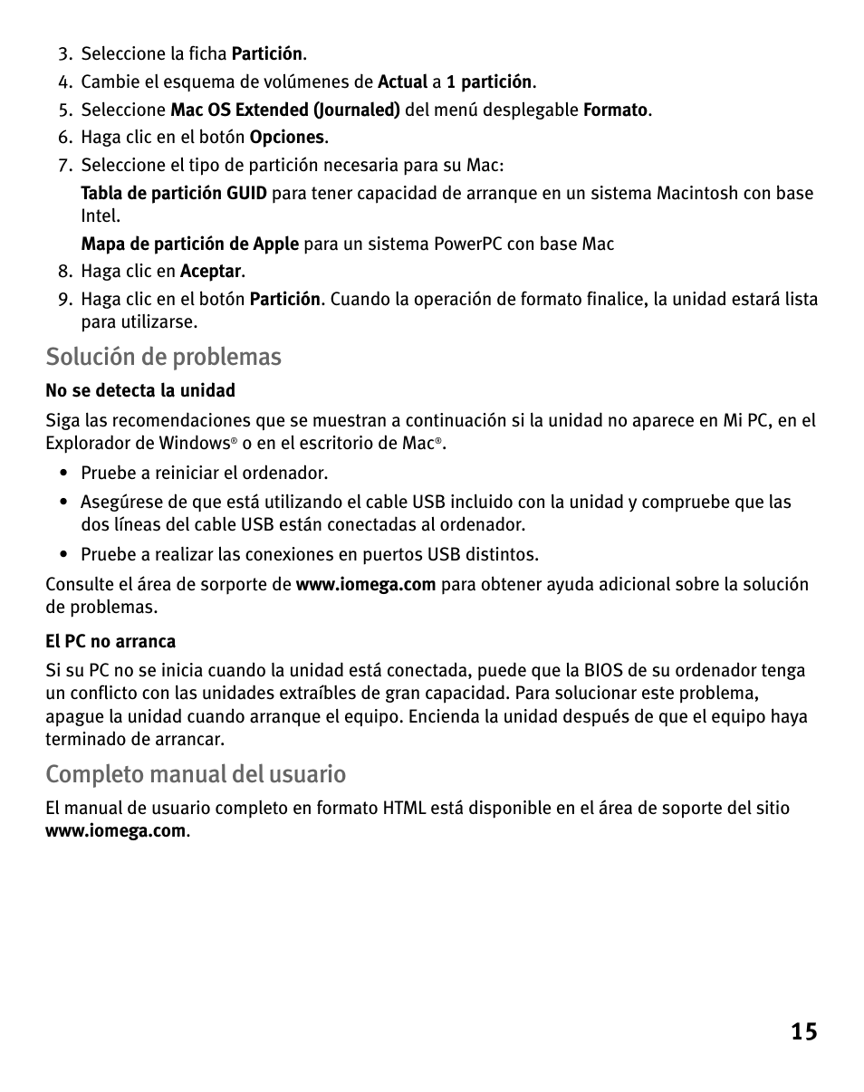 Solución de problemas, Completo manual del usuario | Iomega eGo 3 User Manual | Page 15 / 36