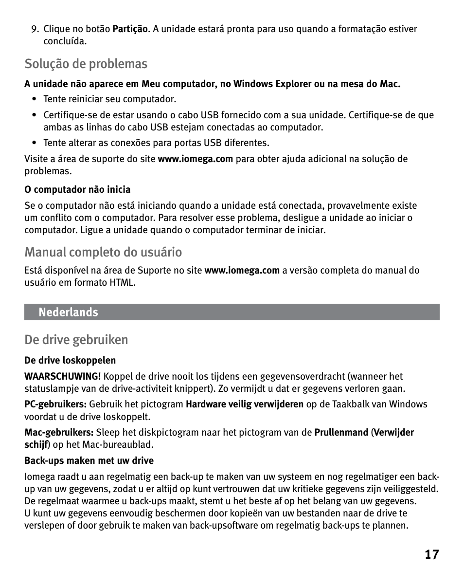 Solução de problemas, Manual completo do usuário, De drive gebruiken | Iomega eGo 3 User Manual | Page 17 / 36