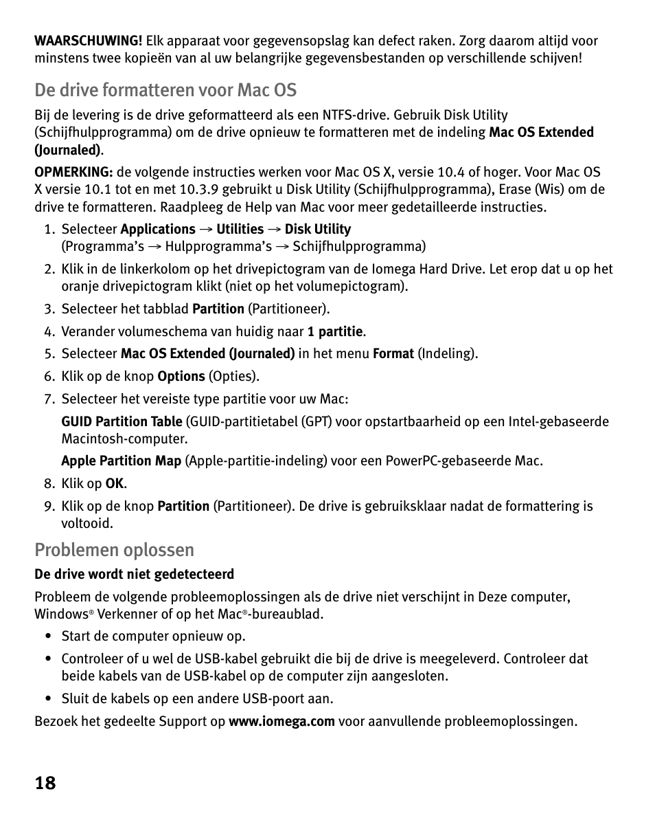 De drive formatteren voor mac os, Problemen oplossen | Iomega eGo 3 User Manual | Page 18 / 36