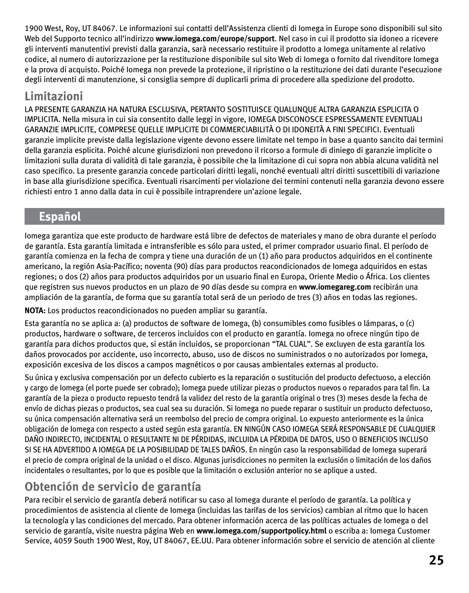 Limitazioni, Obtención de servicio de garantía | Iomega eGo 3 User Manual | Page 25 / 36