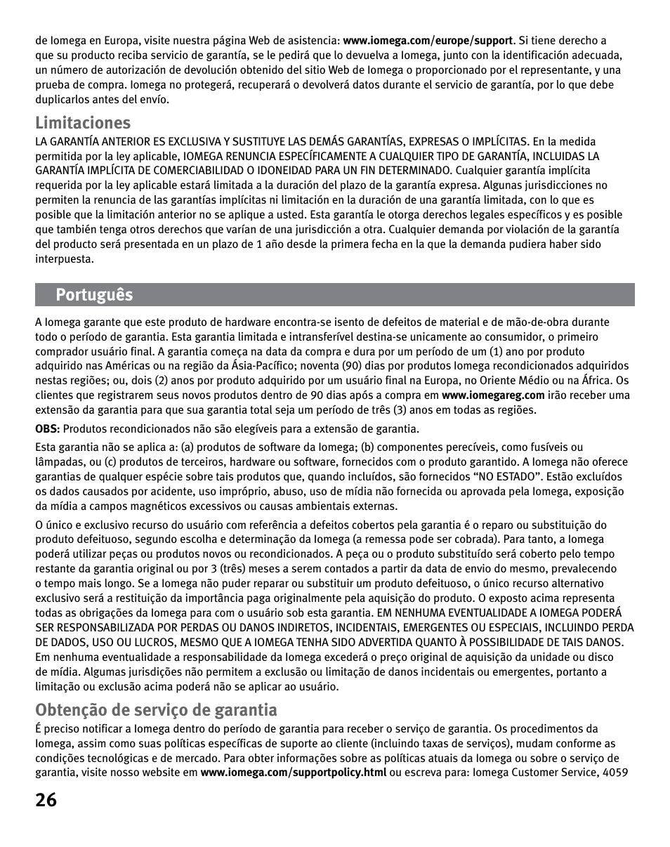 Limitaciones, Obtenção de serviço de garantia | Iomega eGo 3 User Manual | Page 26 / 36