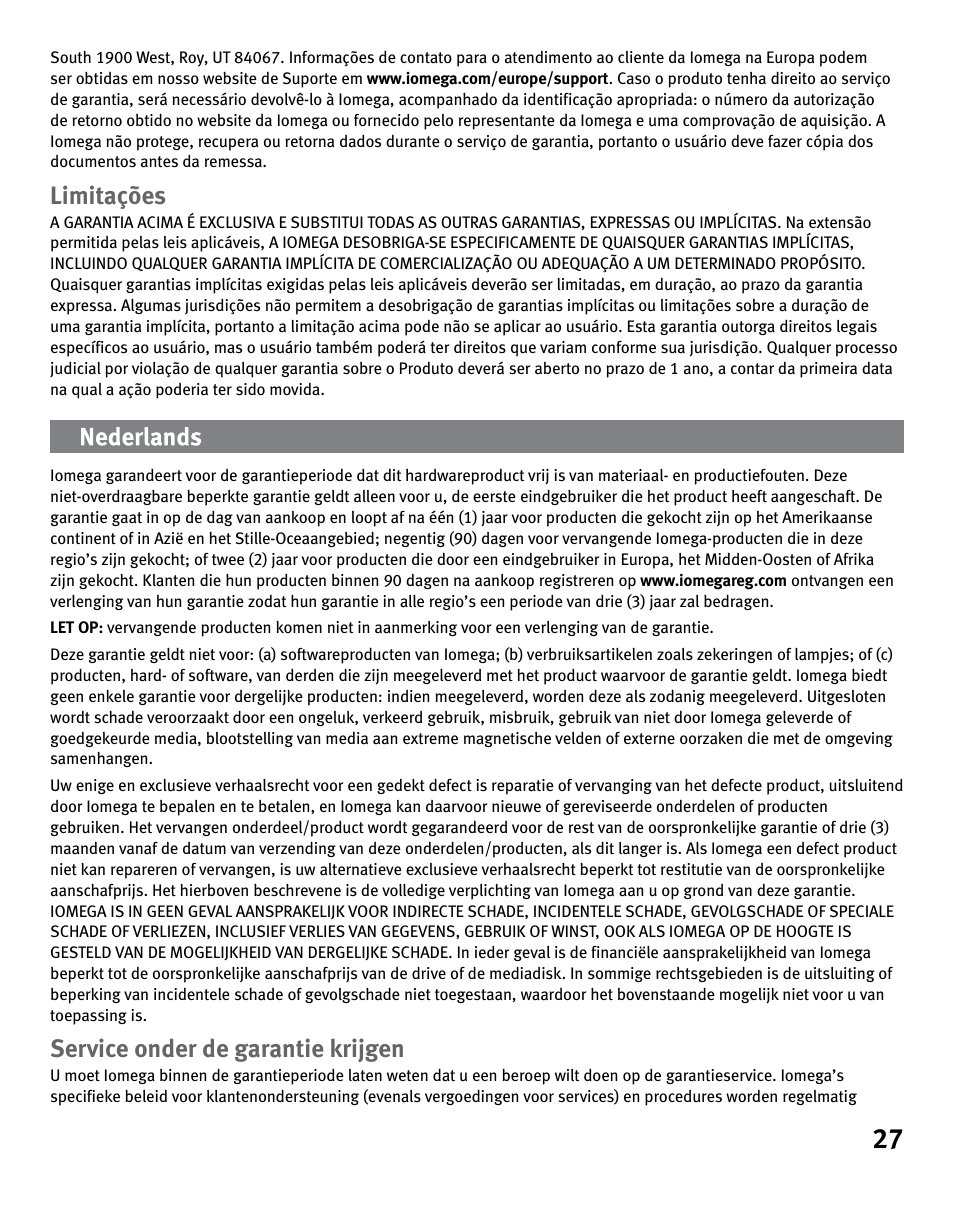 Limitações, Service onder de garantie krijgen | Iomega eGo 3 User Manual | Page 27 / 36