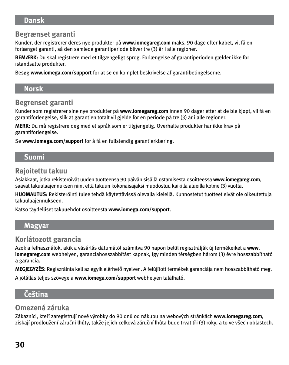 Begrænset garanti, Begrenset garanti, Rajoitettu takuu | Korlátozott garancia, Omezená záruka | Iomega eGo 3 User Manual | Page 30 / 36