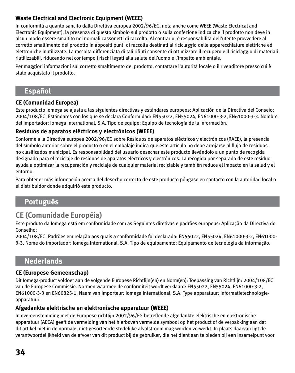 Ce (comunidade européia) | Iomega eGo 3 User Manual | Page 34 / 36