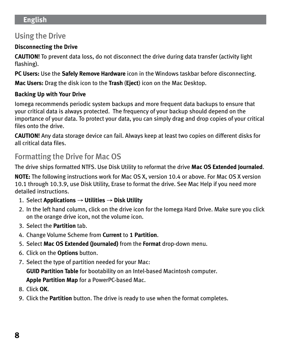 8using the drive, Formatting the drive for mac os | Iomega eGo 3 User Manual | Page 8 / 36