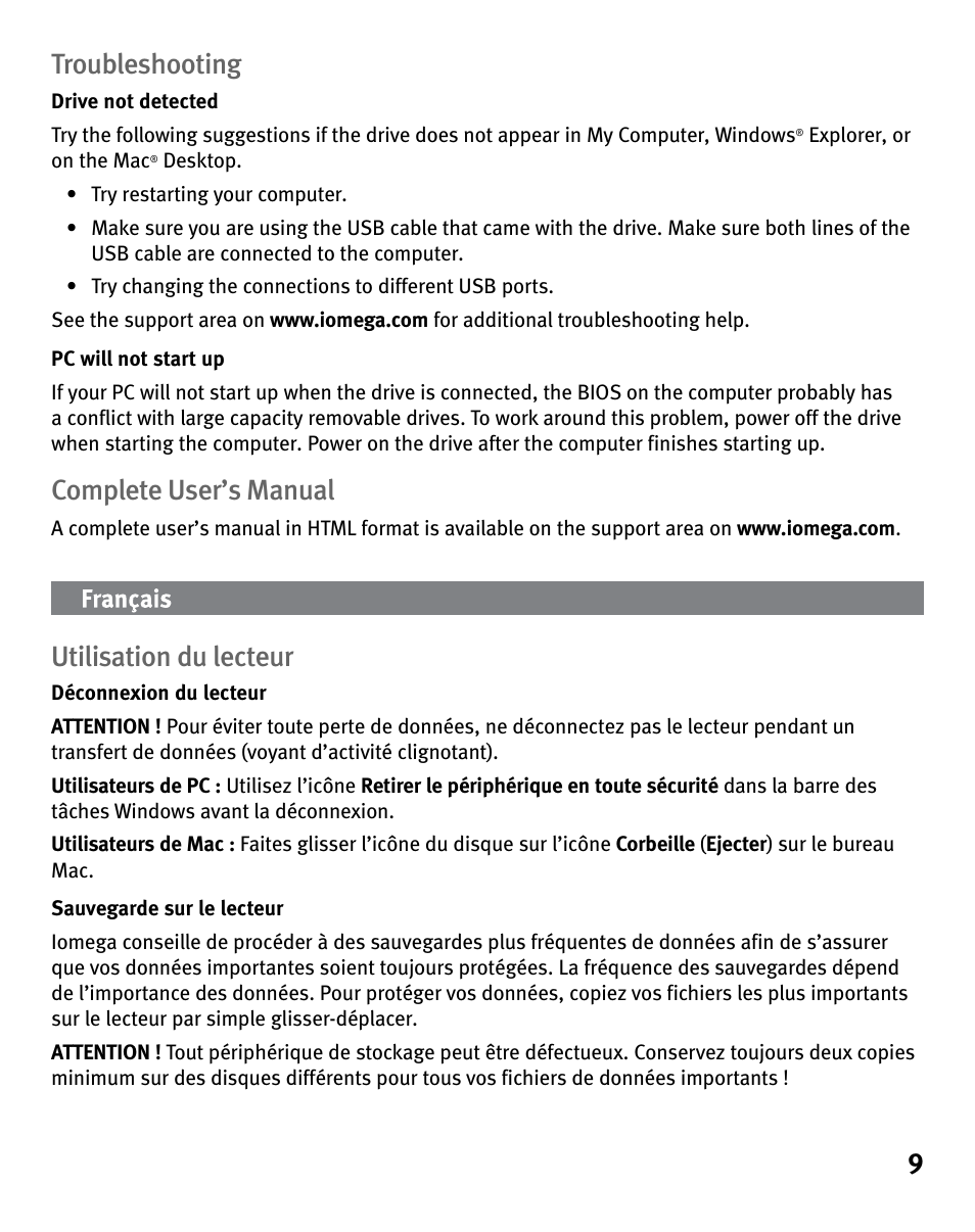 9troubleshooting, Complete user’s manual, Utilisation du lecteur | Iomega eGo 3 User Manual | Page 9 / 36
