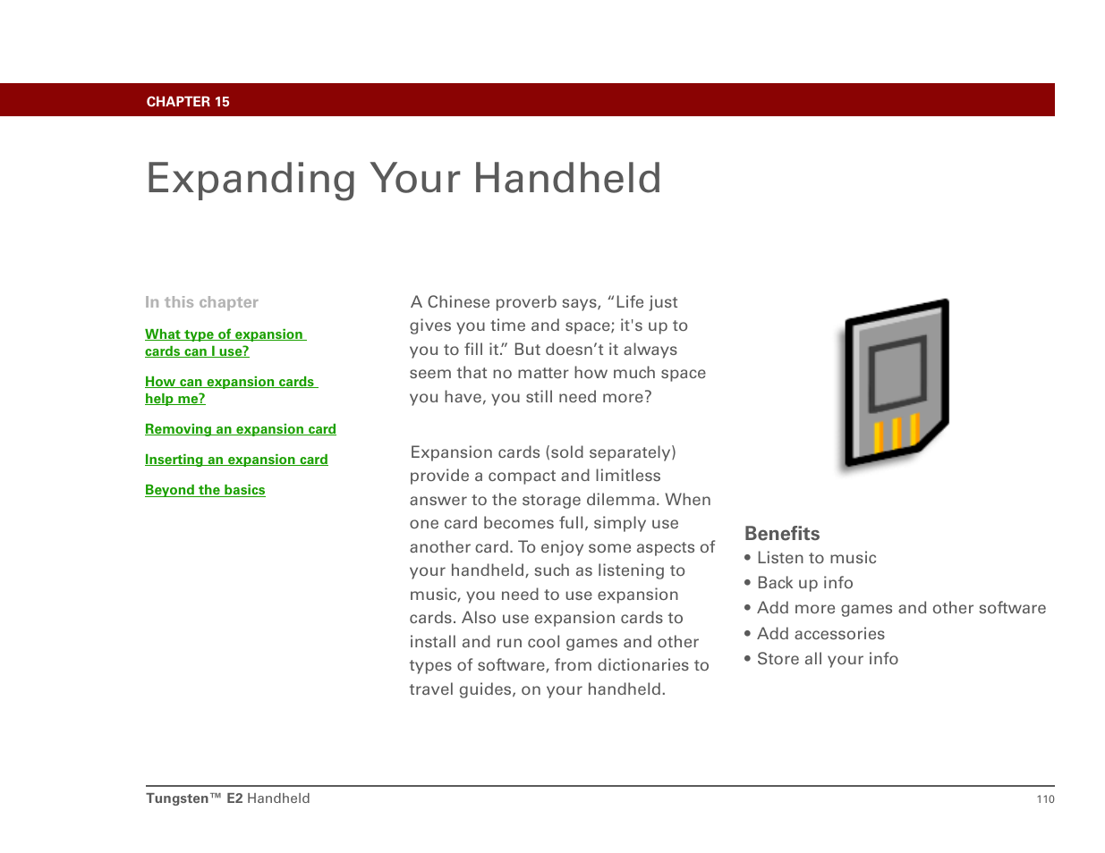Expanding your handheld, Chapter 15: expanding your handheld, Expansion card | Expansion card t | Int'l Wireless E2 User Manual | Page 119 / 159