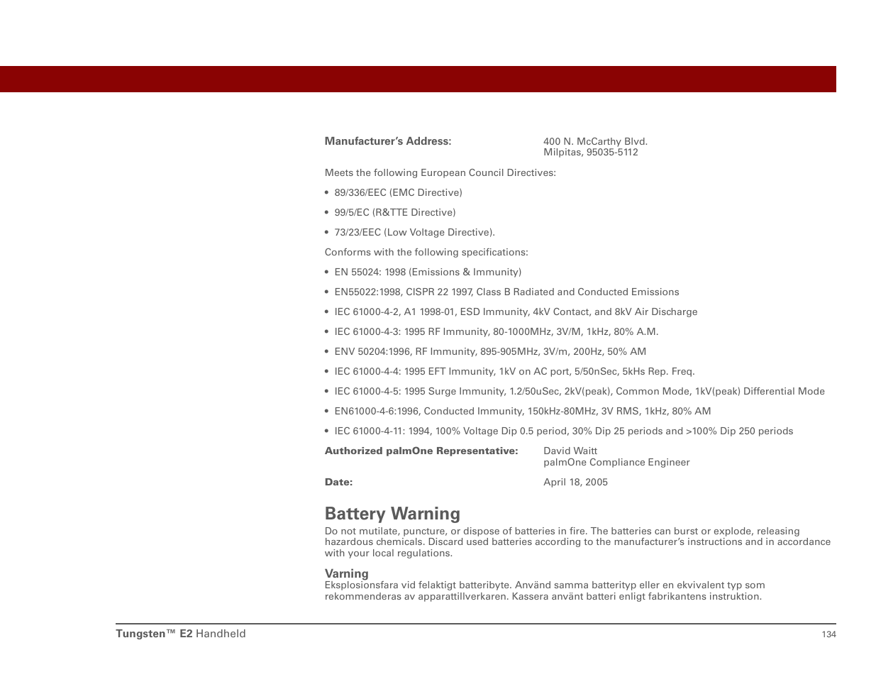 Battery warning | Int'l Wireless E2 User Manual | Page 143 / 159
