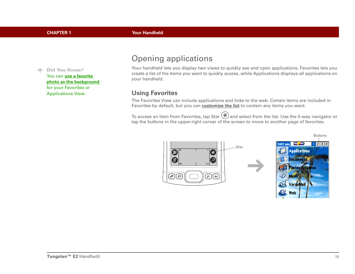 Opening applications, Using favorites | Int'l Wireless E2 User Manual | Page 19 / 159
