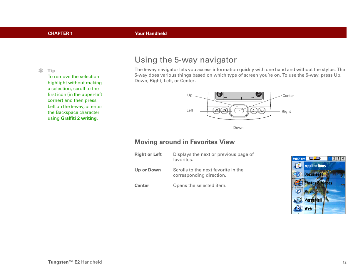 Using the 5-way navigator, Moving around in favorites view | Int'l Wireless E2 User Manual | Page 21 / 159
