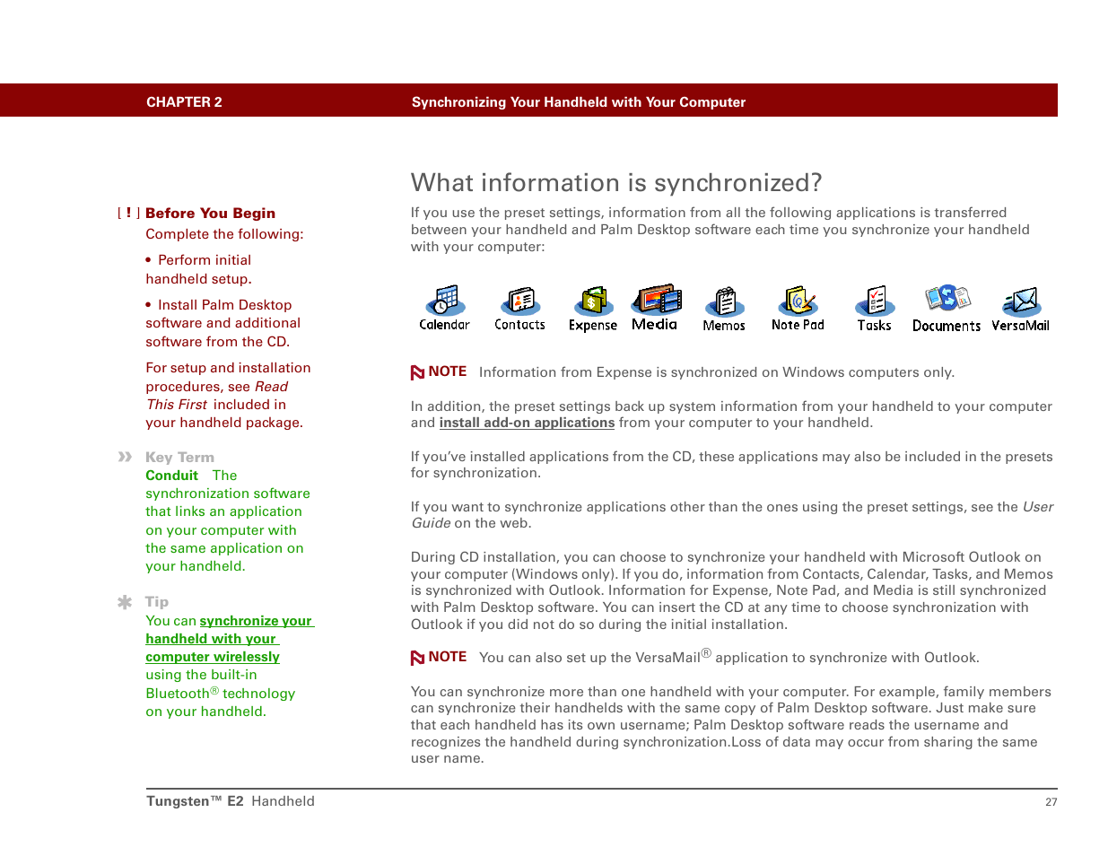 What information is synchronized, Synchronize your handheld with microsoft, Outlook on yo | Int'l Wireless E2 User Manual | Page 36 / 159