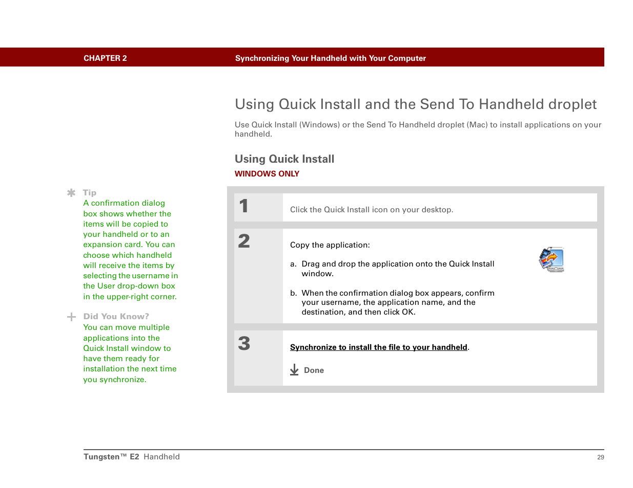 Using quick install, E palmone™ quick install to | Int'l Wireless E2 User Manual | Page 38 / 159