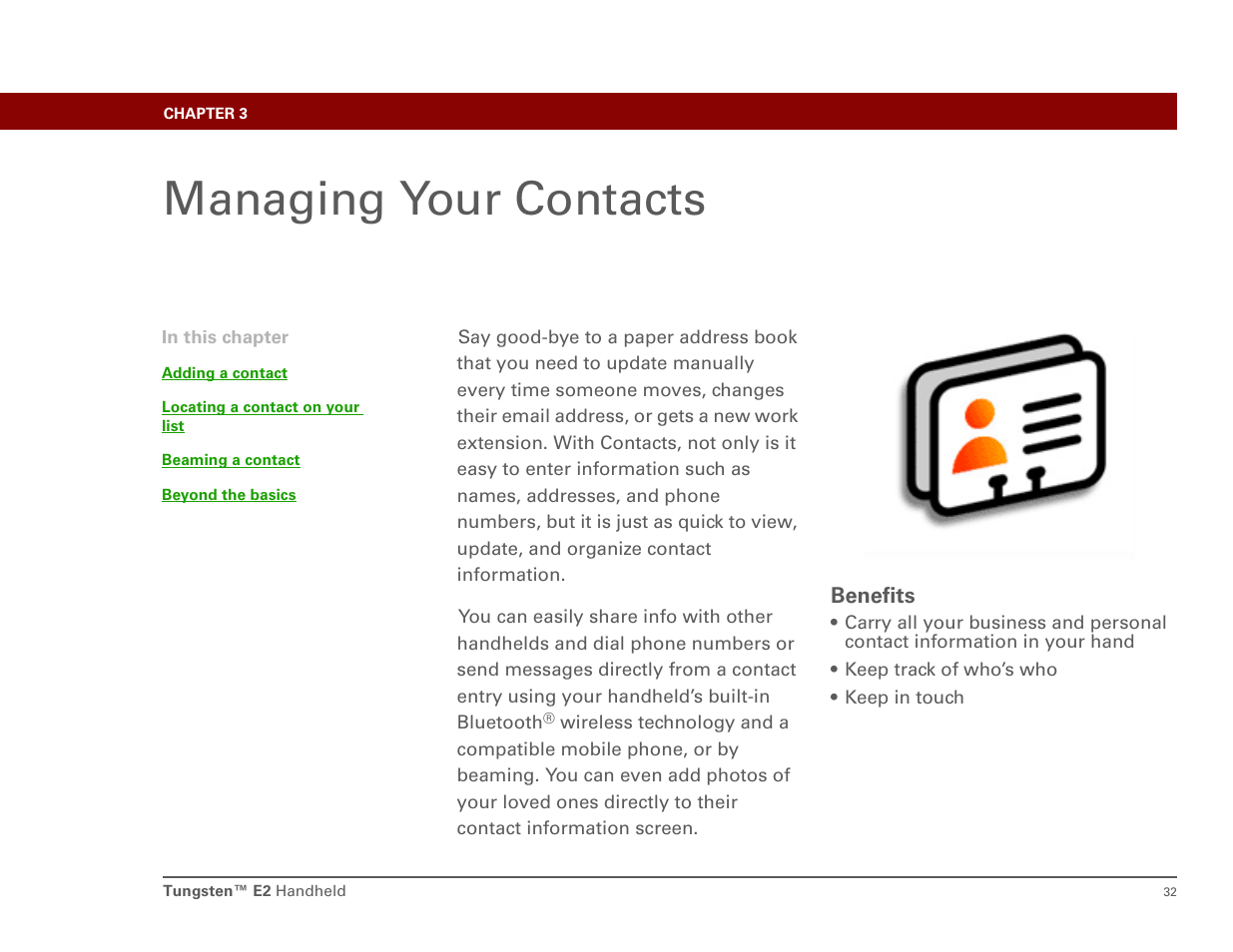 Managing your contacts, Chapter 3: managing your contacts | Int'l Wireless E2 User Manual | Page 41 / 159