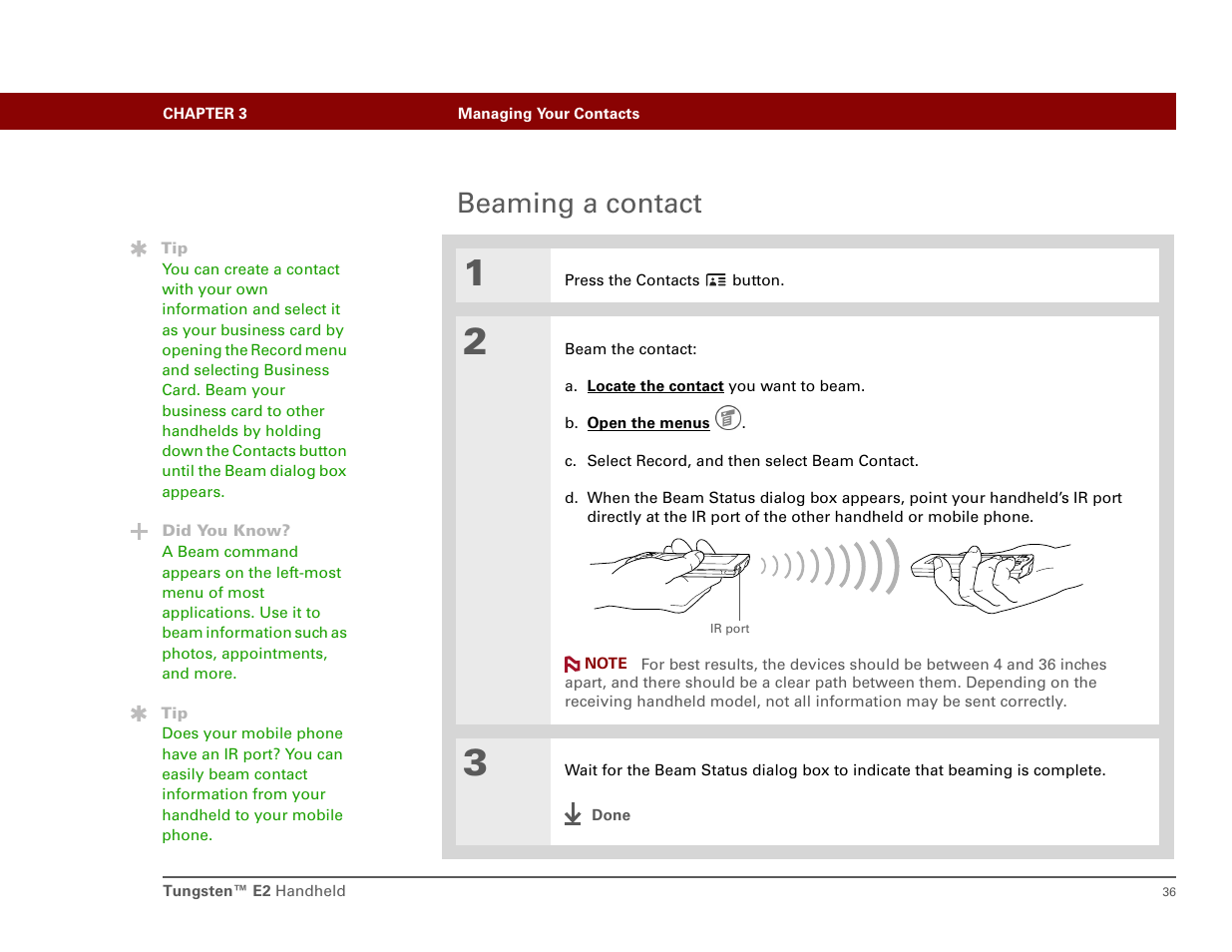 Beaming a contact | Int'l Wireless E2 User Manual | Page 45 / 159