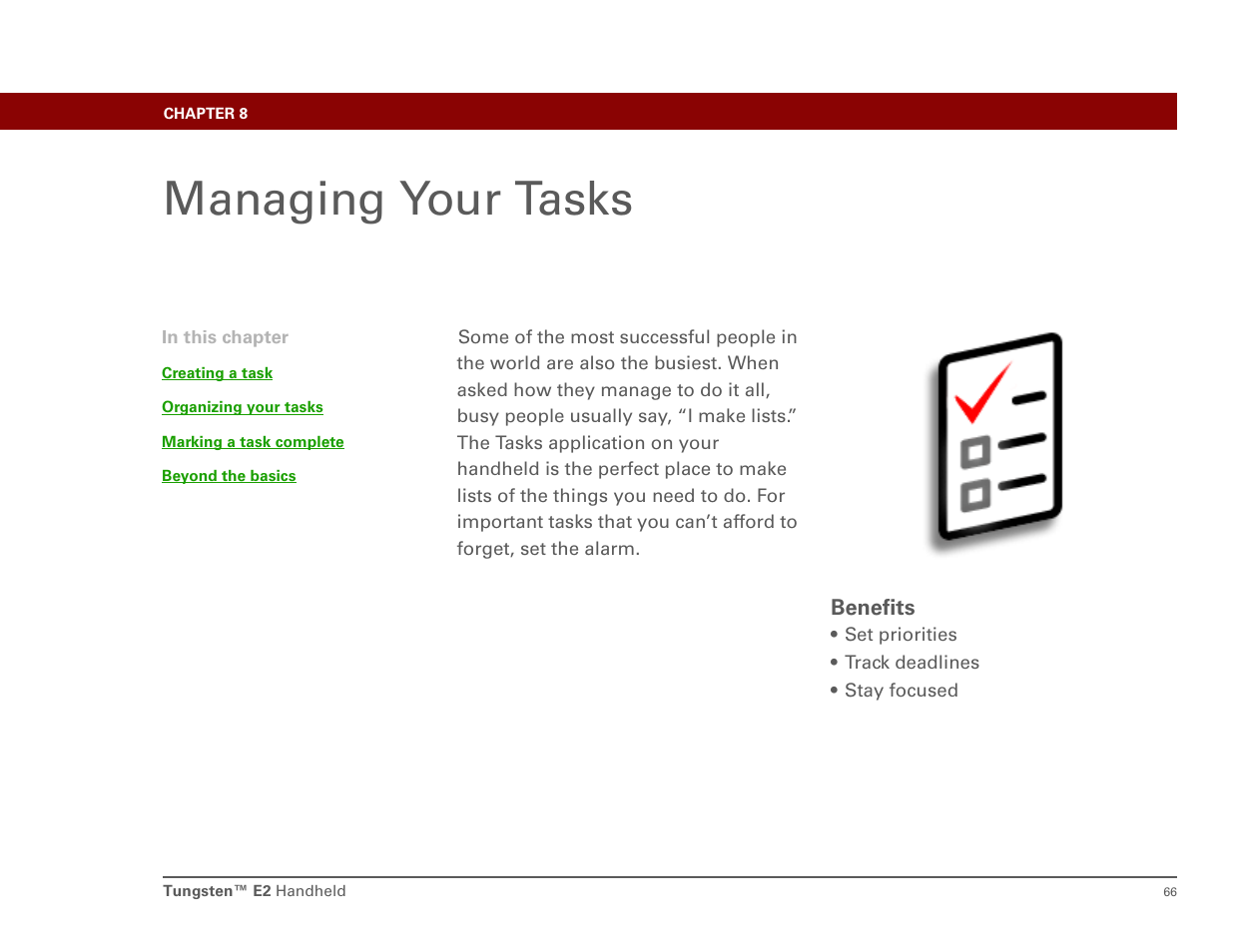 Managing your tasks, Chapter 8: managing your tasks | Int'l Wireless E2 User Manual | Page 75 / 159