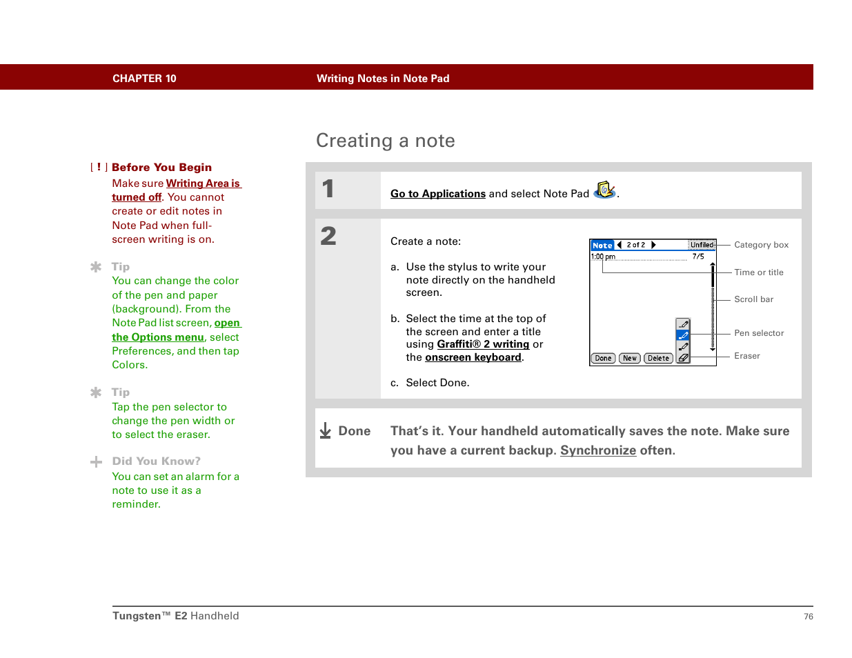 Creating a note | Int'l Wireless E2 User Manual | Page 85 / 159