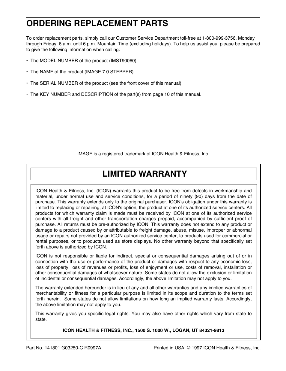 Ordering replacement parts, Limited warranty | Image IMST90060 User Manual | Page 12 / 12