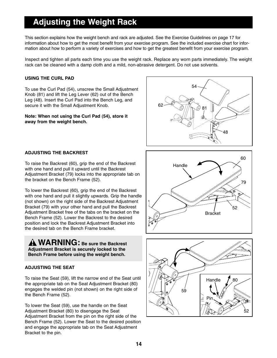 Adjusting the weight rack, Warning | Image IMBE39400 User Manual | Page 14 / 22