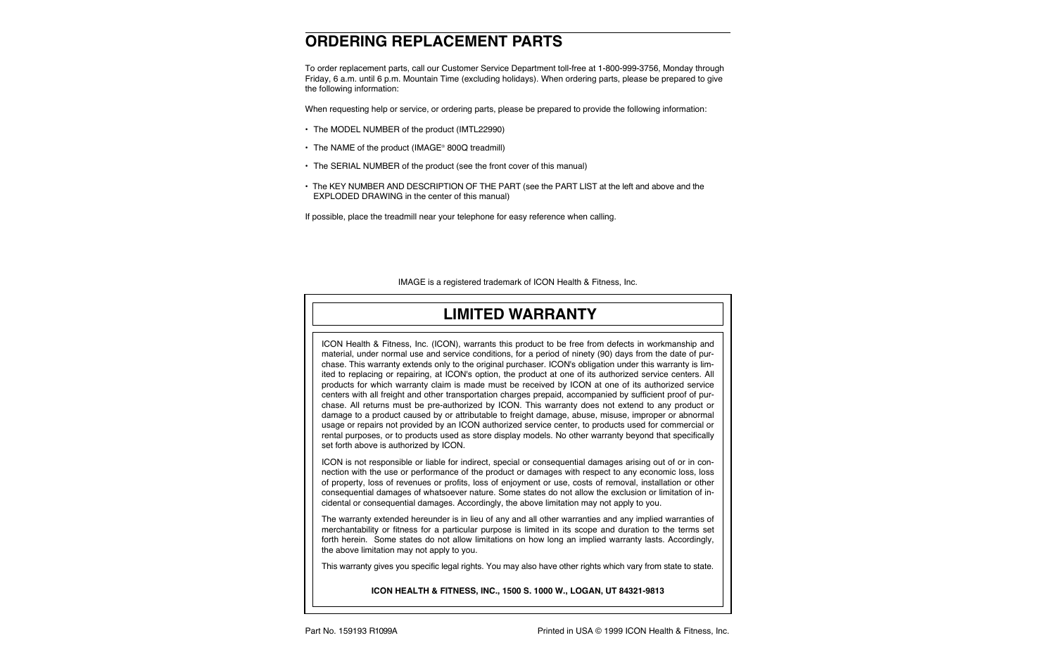 Limited warranty, Ordering replacement parts | Image IMTL22990 User Manual | Page 18 / 18