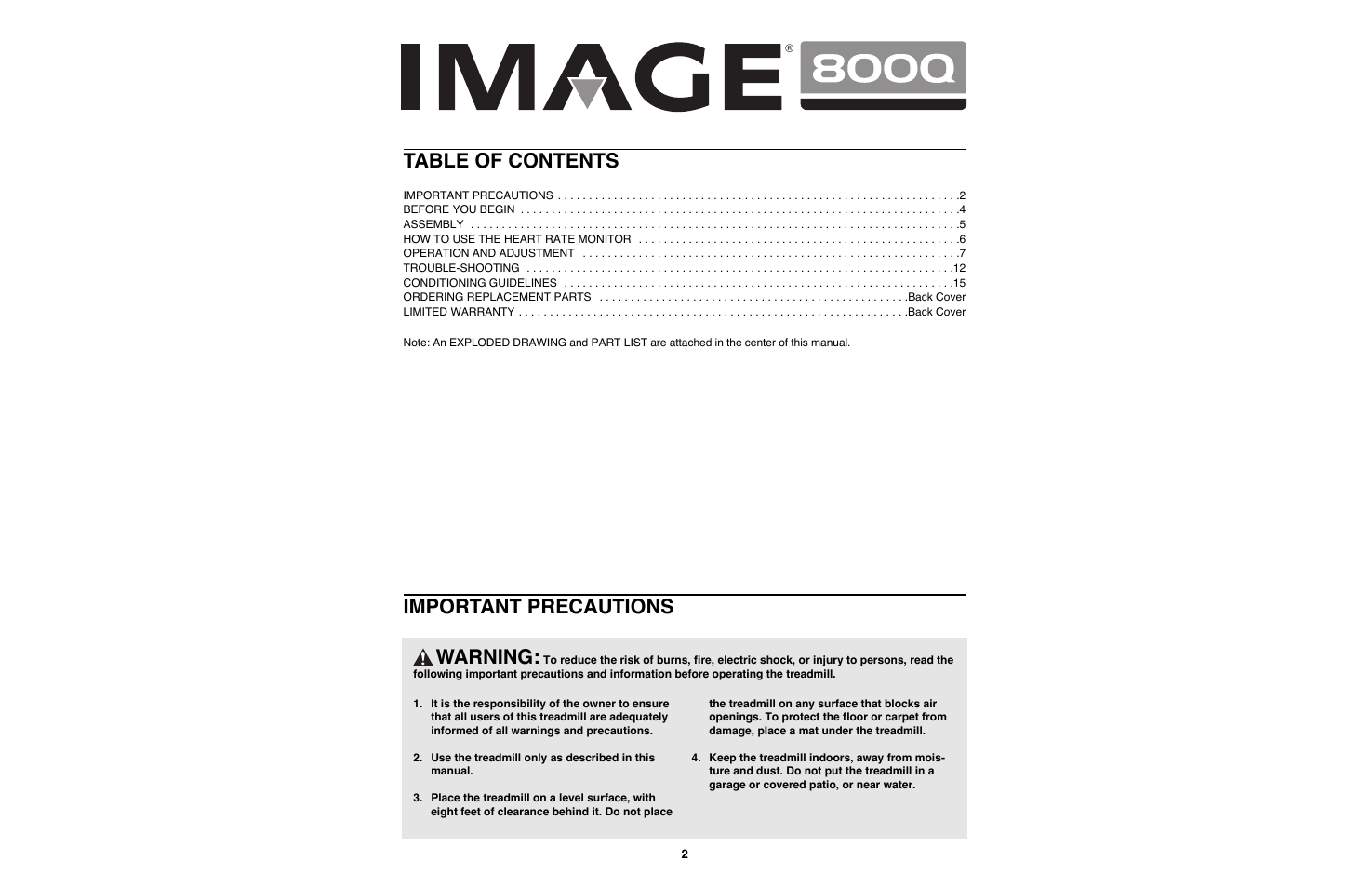 Warning, Important precautions table of contents | Image IMTL22990 User Manual | Page 2 / 18