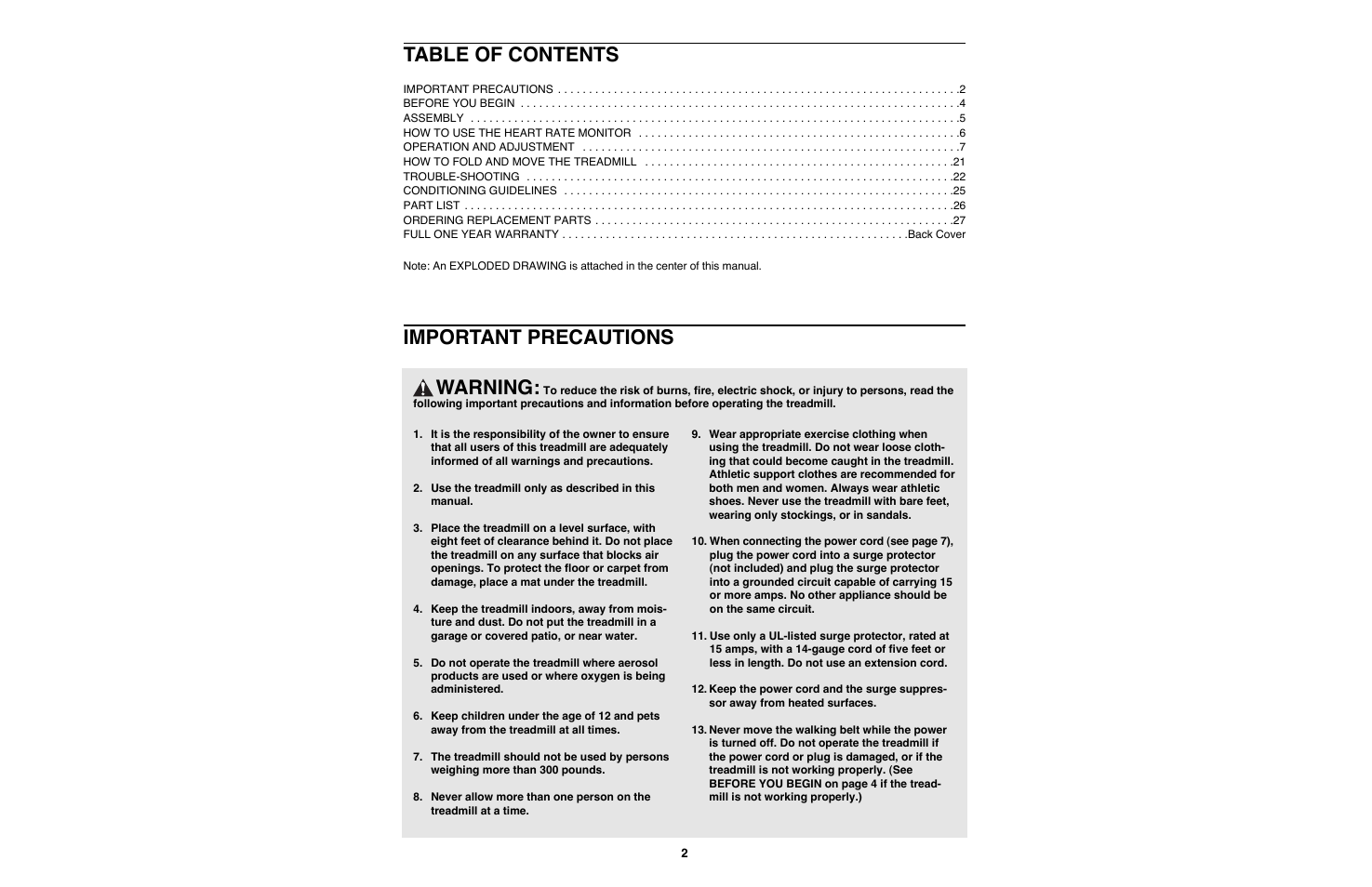 Warning, Important precautions table of contents | Image IMTL11990 User Manual | Page 2 / 30