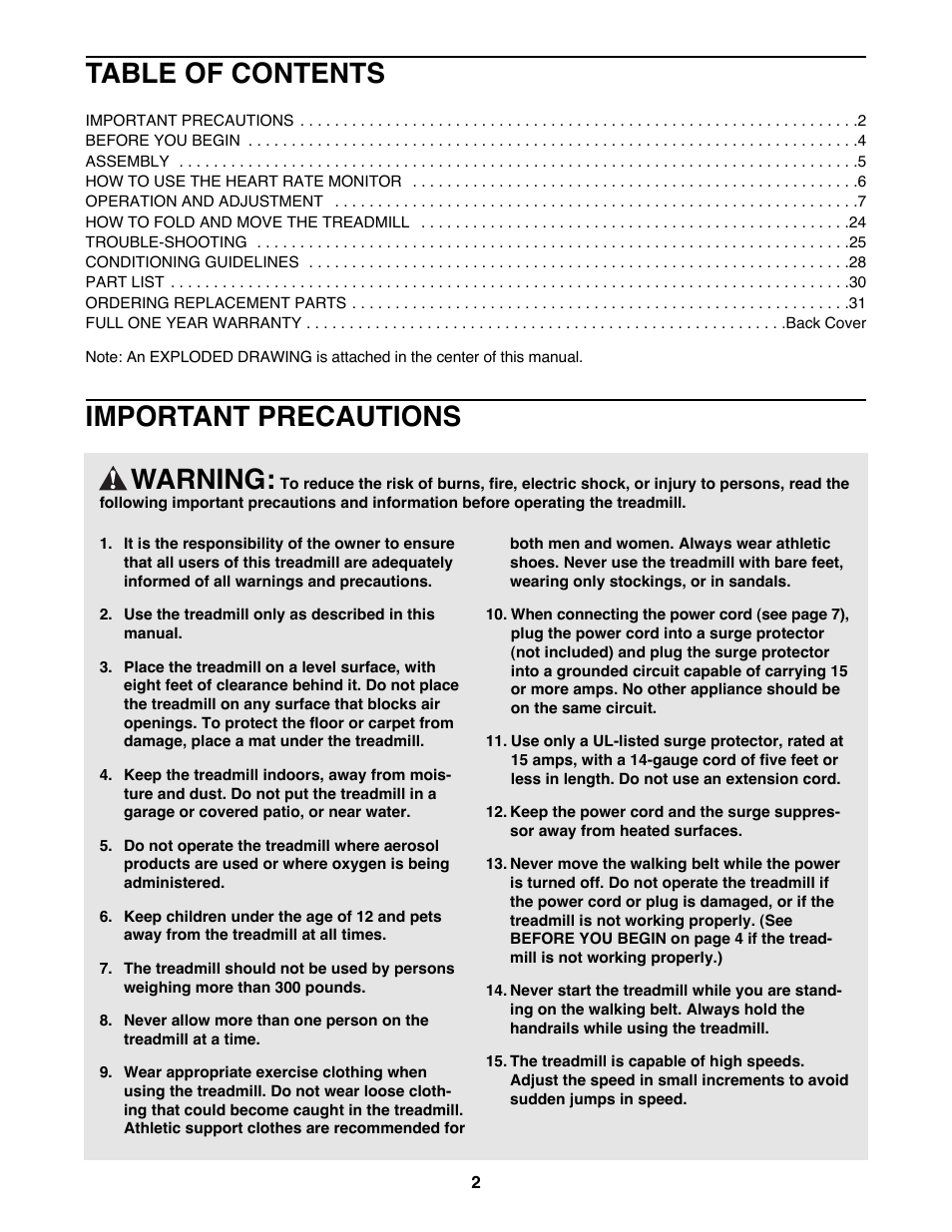 Warning, Important precautions table of contents | Image IMTL15991 User Manual | Page 2 / 34