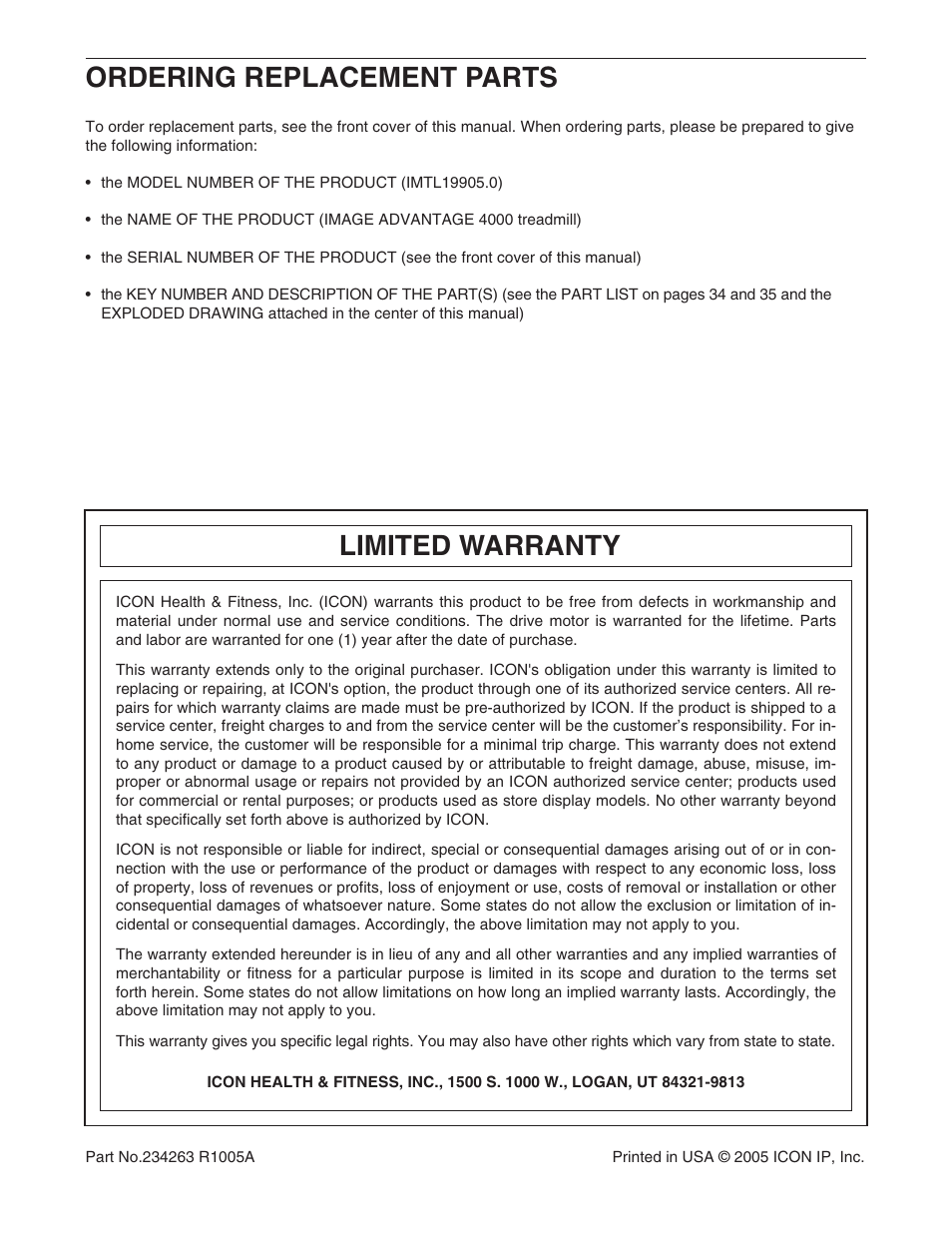 Limited warranty, Ordering replacement parts | Image IMTL19905 User Manual | Page 38 / 38