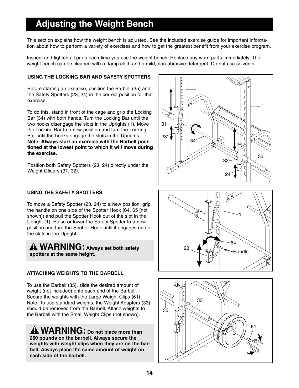 Adjusting the weight bench, Warning | Image IMBE53991 User Manual | Page 14 / 18