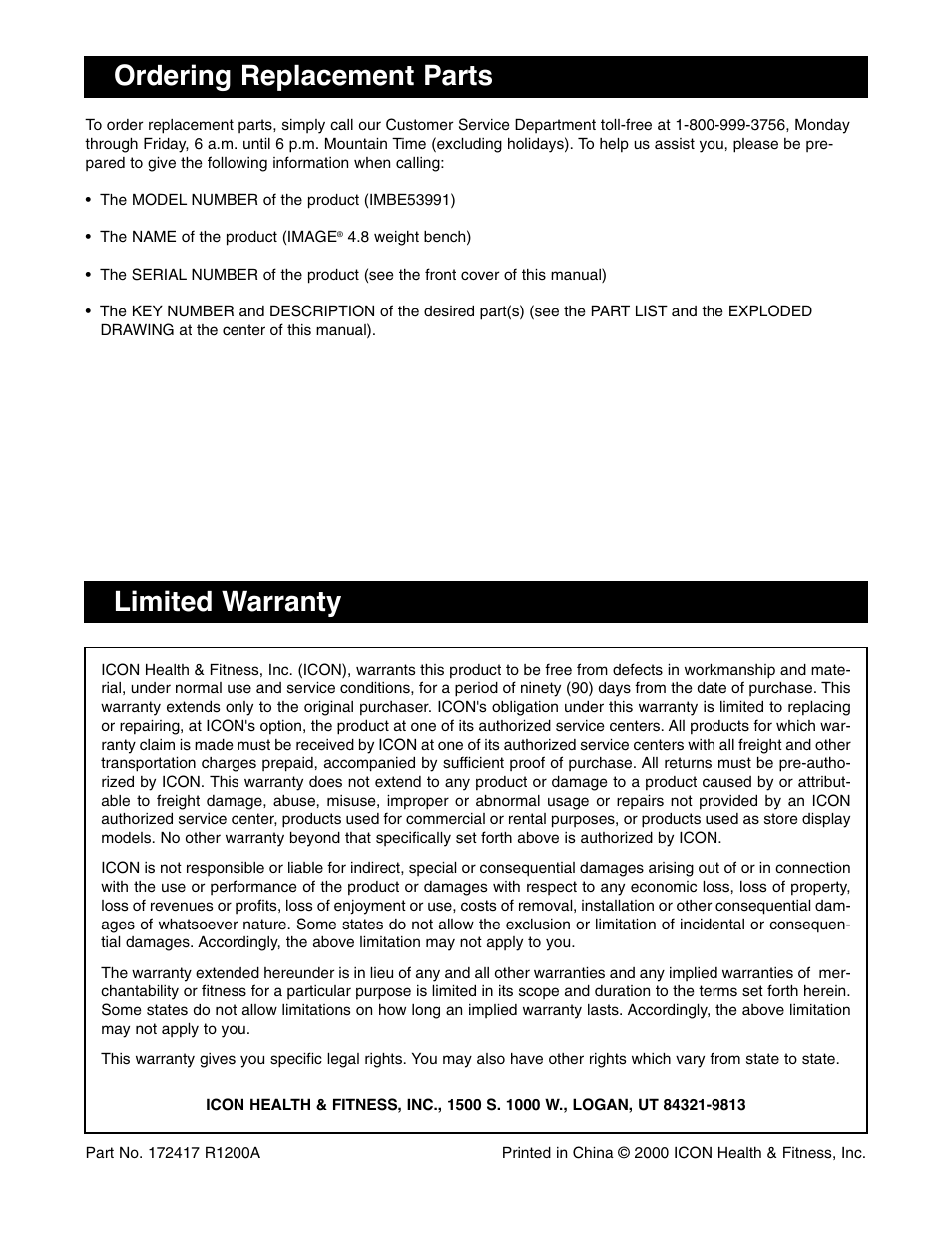 Ordering replacement parts, Limited warranty | Image IMBE53991 User Manual | Page 18 / 18